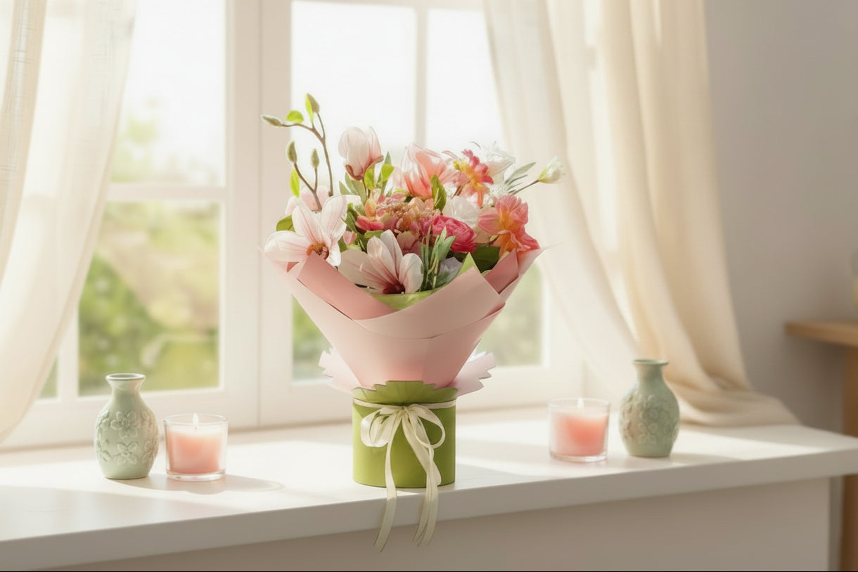 pastel artificial bouquet of flowers on a window sill by Jamesia Blooms
