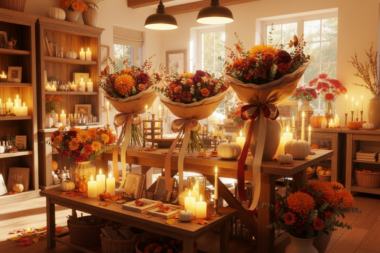 warm cosy florist with autumn bouquets on a table with candles and flowers