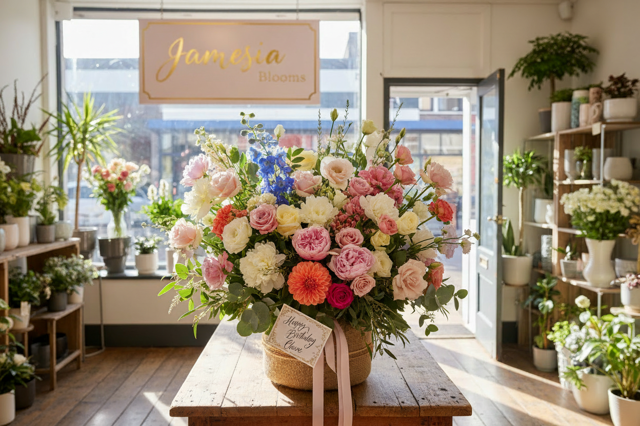 large fresh bouquet on a wooden table in a florist shop