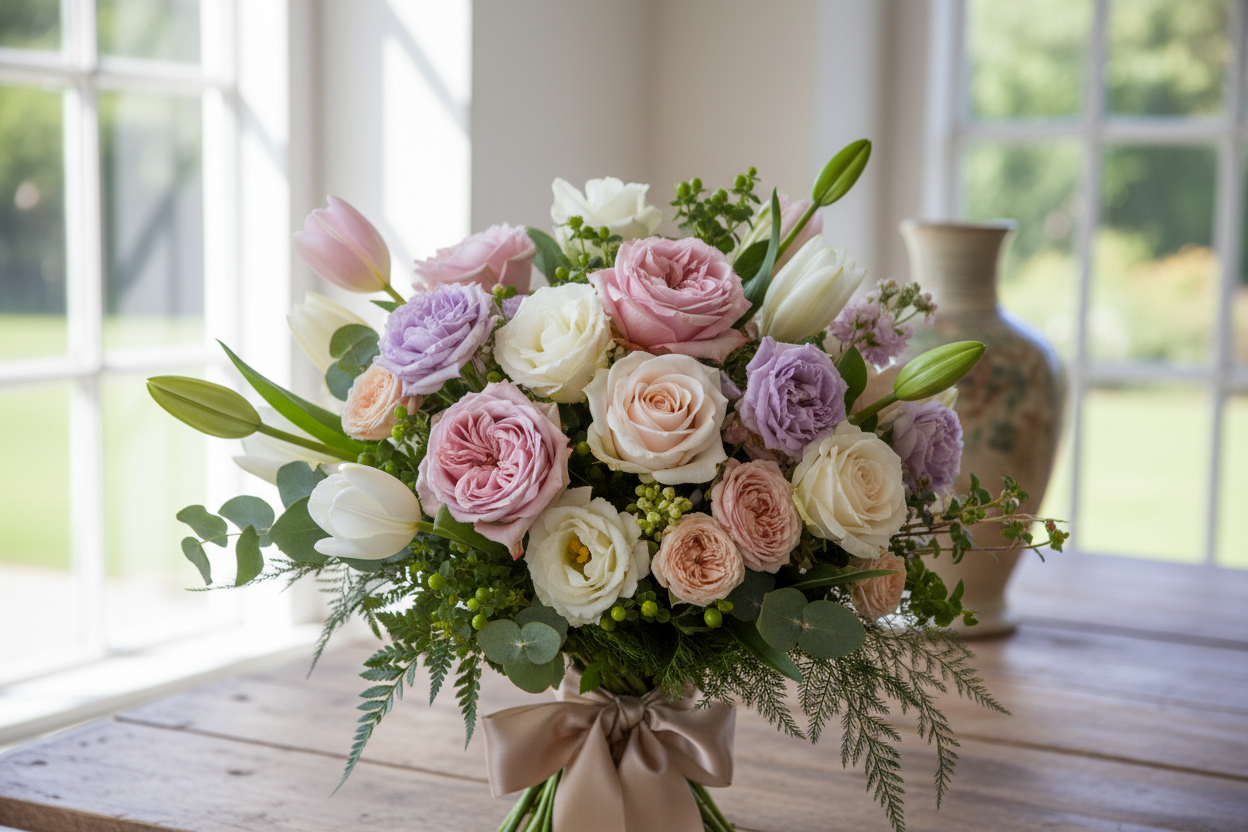 large fresh bouquet on a wooden table in a bright florist shop