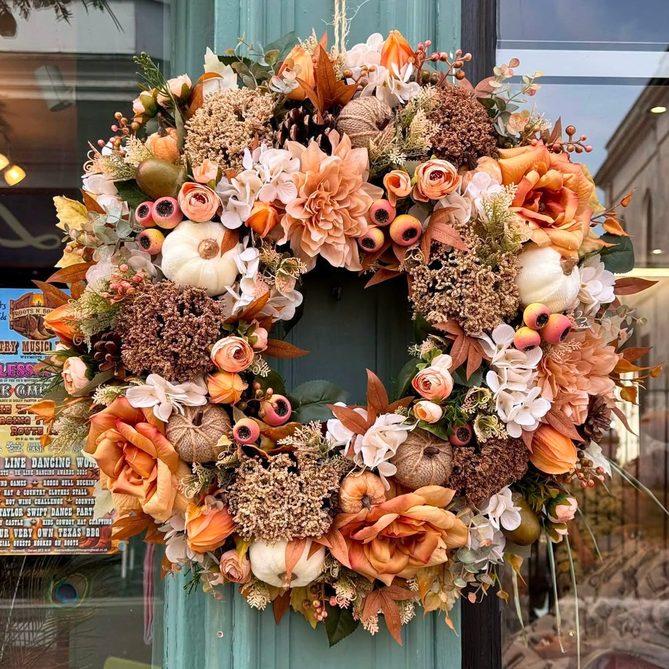 natural colour and textured artificial autumn wreath, woodland accents flowers and foliage