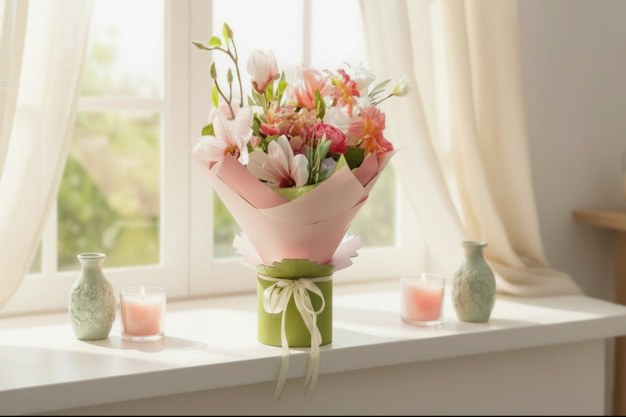 Bouquet of artificial flowers wrapped in pink and green paper with a bow on a light background