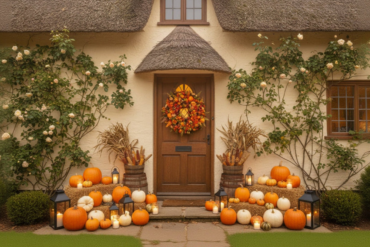 Autumn wreath with pumpkins, flowers, and berries on a white wall.