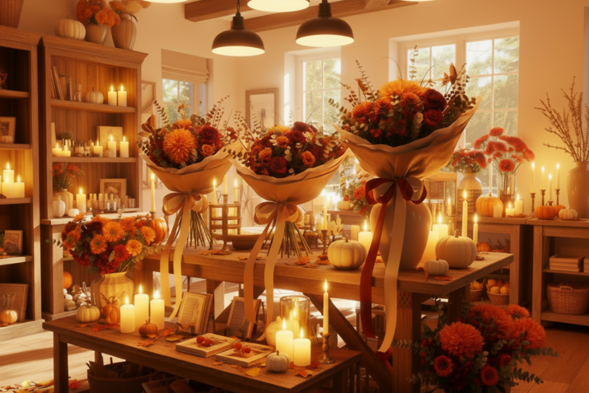 Decorative setup in a shop with fresh and artificial flowers in vases Candles and gifts on wooden tables in a warm-lit room by Jamesia blooms UK