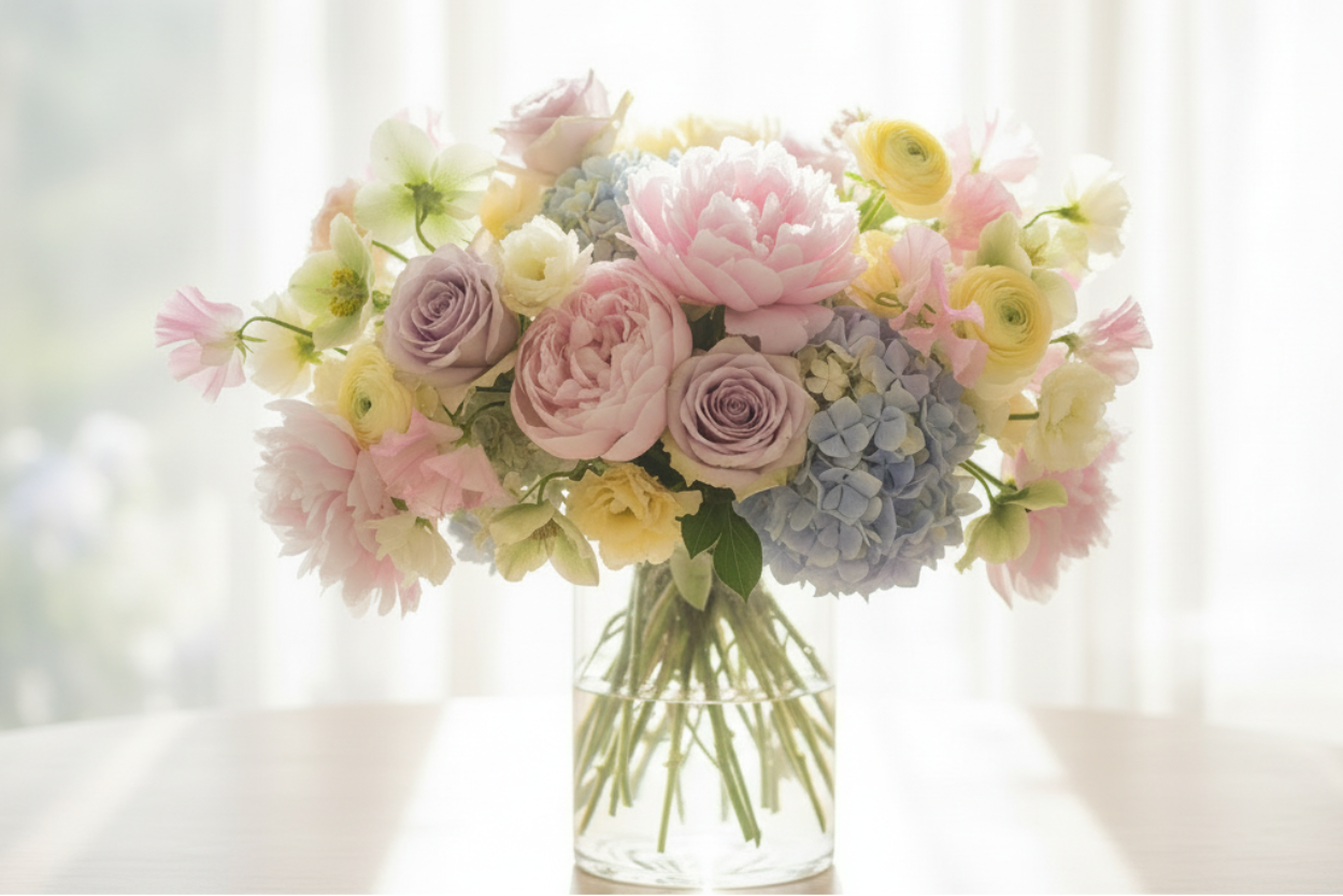 Bouquet of pastel-colored flowers hydrangeas, roses, peonies in a light room with a blurred white background. Summer collection Jamesia Blooms UK