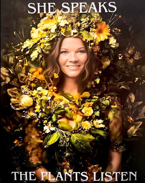 portrait of the owner of Jamesia Blooms wearing a letter C in flowers around her head, with txt SHE SPEAKS THE PLANTS LISTEN