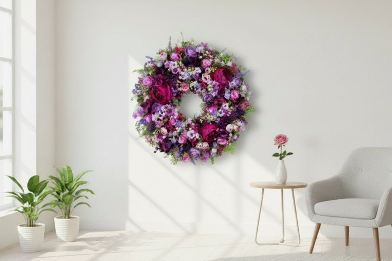 The purple one, a purple wreath on a white wall, part of The One Range by Jamesia Blooms