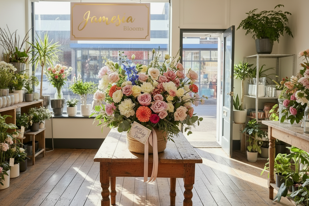 Fresh Floral arrangement with happy birthday message, on a wooden table in a flower shop with 'Jamesia Blooms' sign.