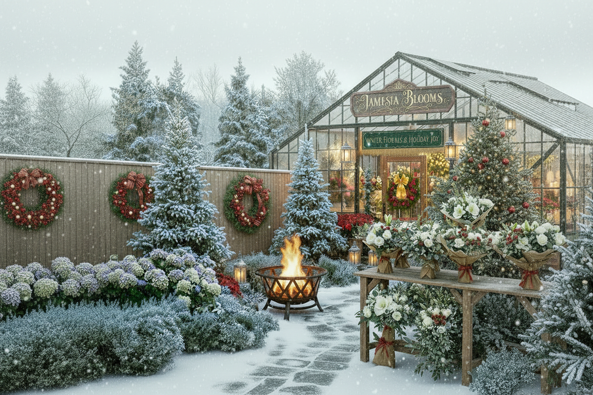 Snowy garden scene with a greenhouse, fire pit, and festive decorations and winter bouquets for sale by Jamesia Blooms UK