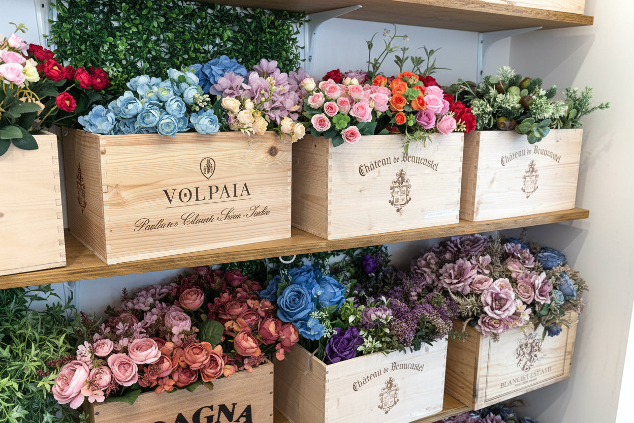 Shelves in a shop with wooden crates filled with colorful artificial flowers by Jamesia Blooms, part of our stem collection