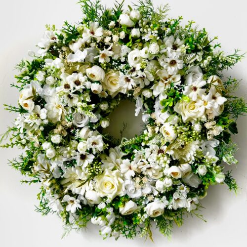 The White One luxury faux floral wreath featuring elegant white flowers and lush greenery - perfect for stylish seasonal decor by Jamesia Blooms