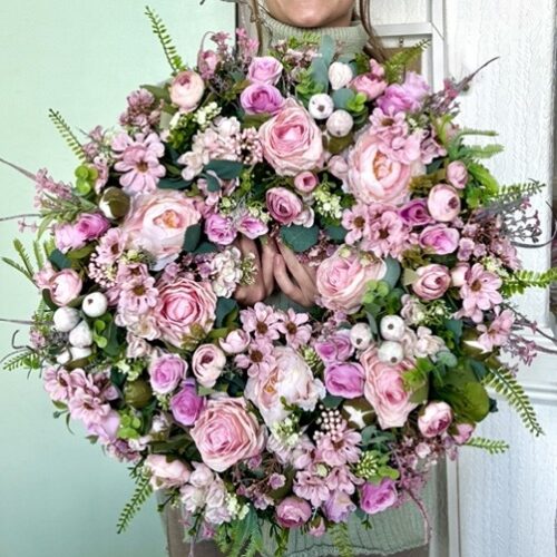 The Light Pink one luxury faux wreath featuring soft pink florals and lush greenery - perfect for stylish seasonal decor by Jamesia Blooms